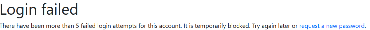 Homepage with error message that the account has been temporarily blocked